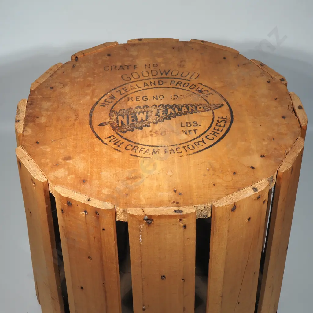 Vintage Round Wooden Crate For Shipping Full Cream NZ Factory Cheese by Goodwood. Crate No 155.  Image 1++