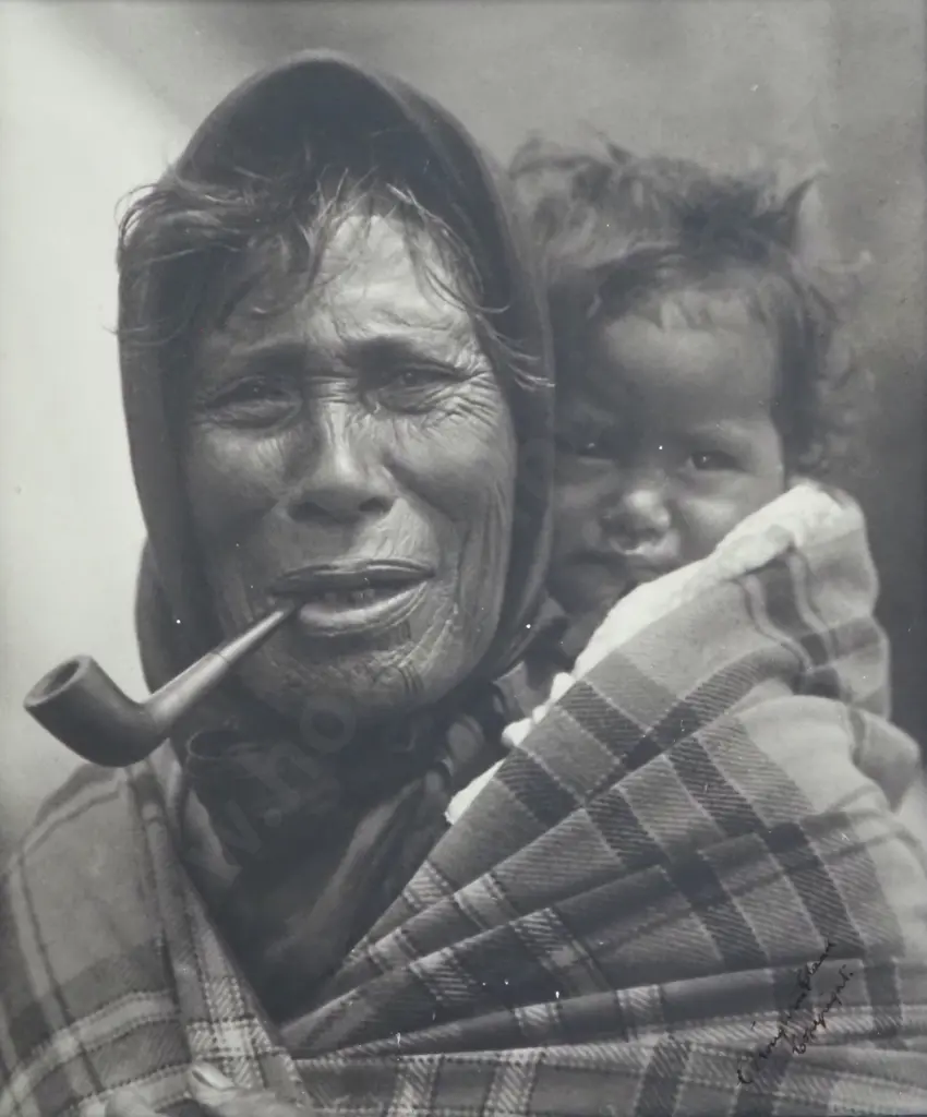 Charles William Clark, Maori Woman With Moko & Child. Sepia Photographic Print. Signed. 300 x 240mm Image 1++