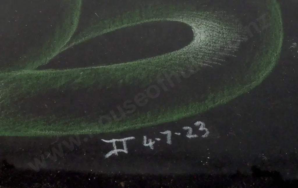 Green  Tiki Drawing in Pastel with  Blue Eyes by Artist & Carver Tahu Jacob Jacomb. Signed & Dated 4-7-23 Image 1++