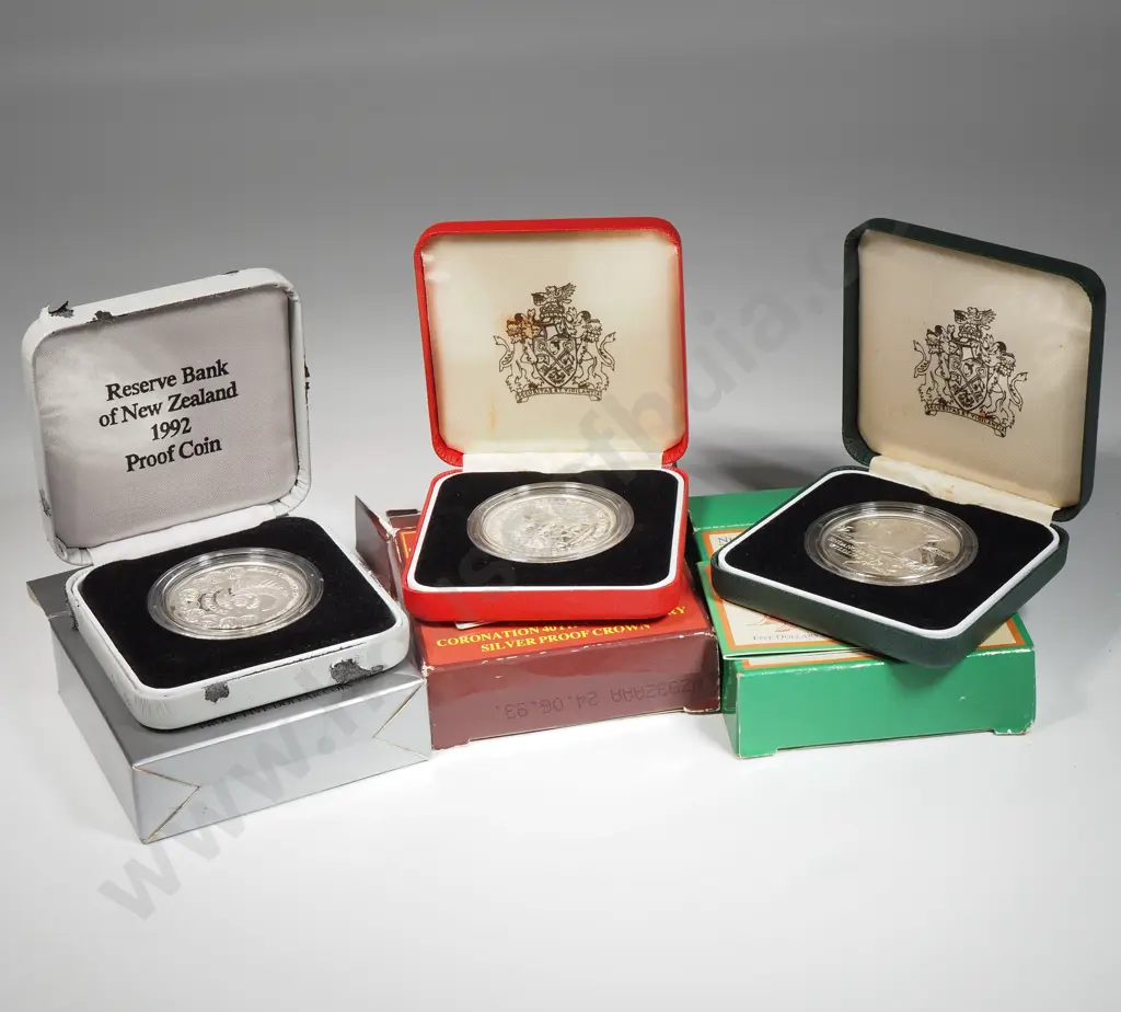 Three Cased New Zealand Sterling Silver Proof Five Dollars  Image 1++