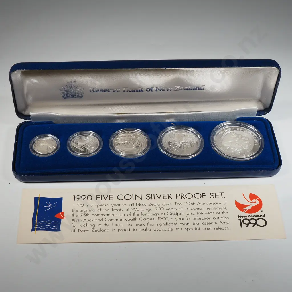 1990 New Zealand Five Coin Silver Proof Set  Image 1++