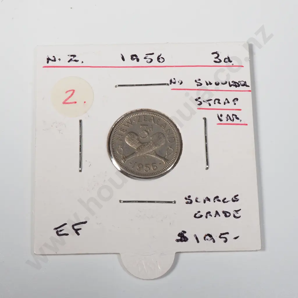 1956 No Shoulder Strap New Zealand Threepence  Image 1++