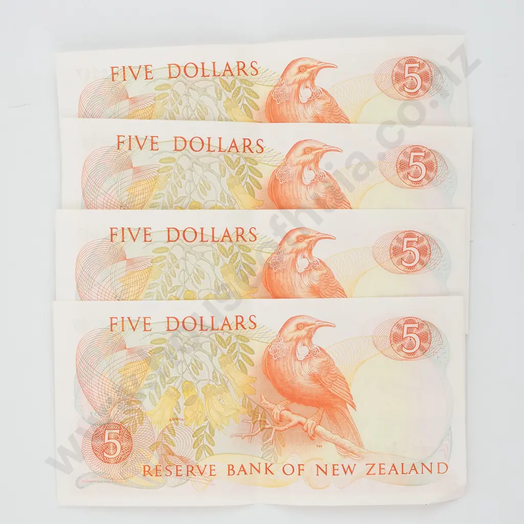 Four Consecutive New Zealand Five Dollar Brash Banknotes (AUNC w Centre Crease) Image 1++