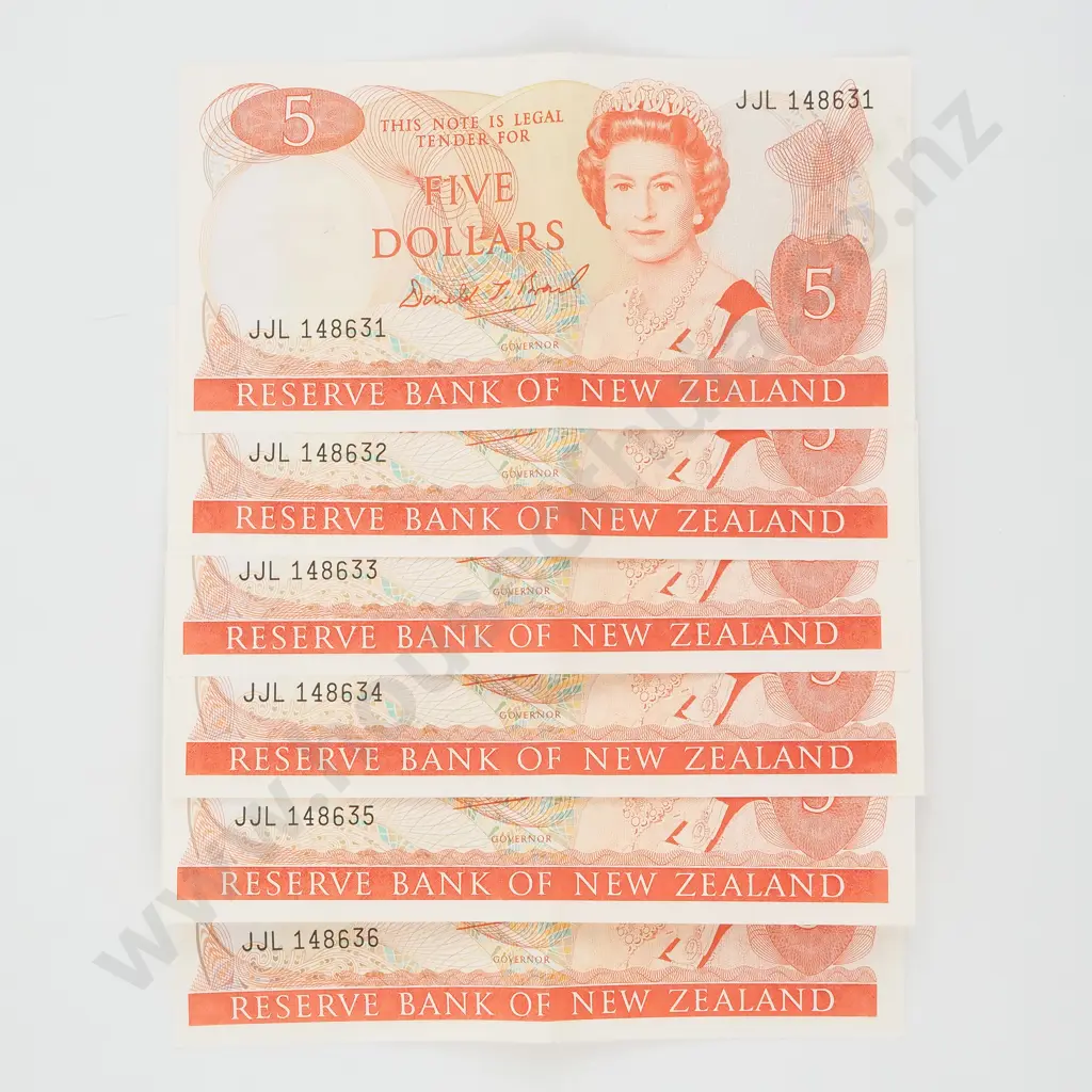 Six Consecutive New Zealand Five Dollar Brash Banknotes (AUNC w Centre Crease)  Image 1++