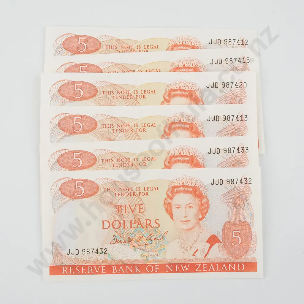Six Close to Consecutive New Zealand Five Dollar Brash Banknotes - Better Grades  (Four w Three Creases) Image 1++