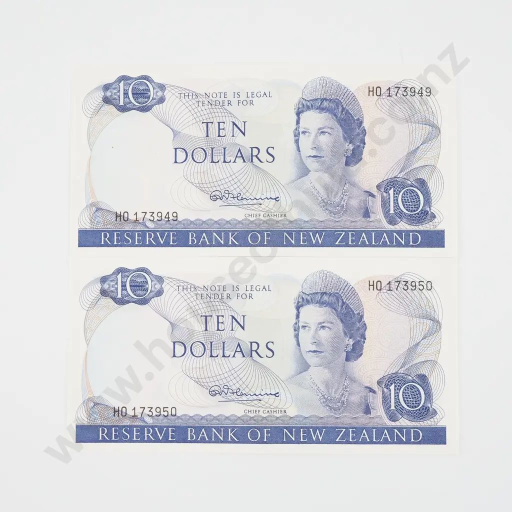 Two Consecutive New Zealand Ten Dollar Fleming Banknotes - Better Grades  Image 1++