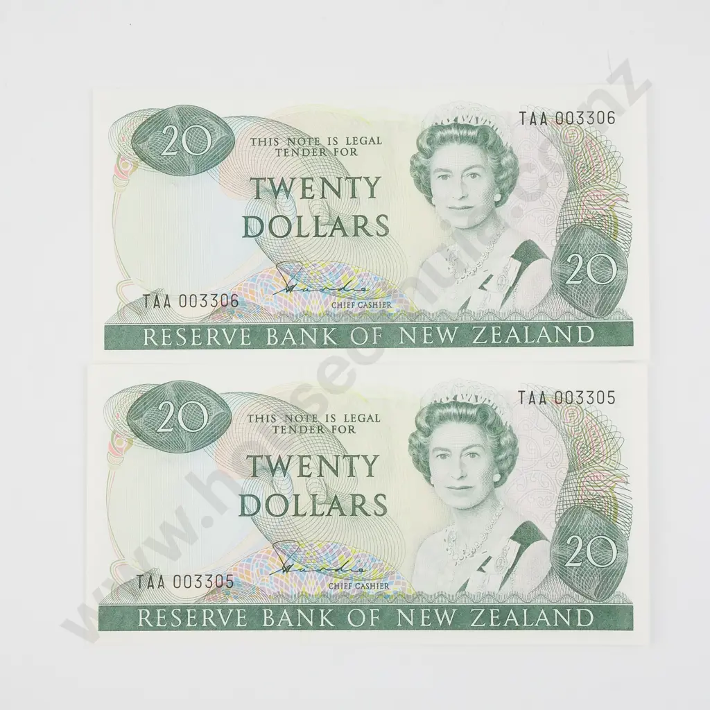 Consecutive Pair of New Zealand Twenty Dollar Hardie Banknotes First Prefix - UNC CV $400 Image 1++