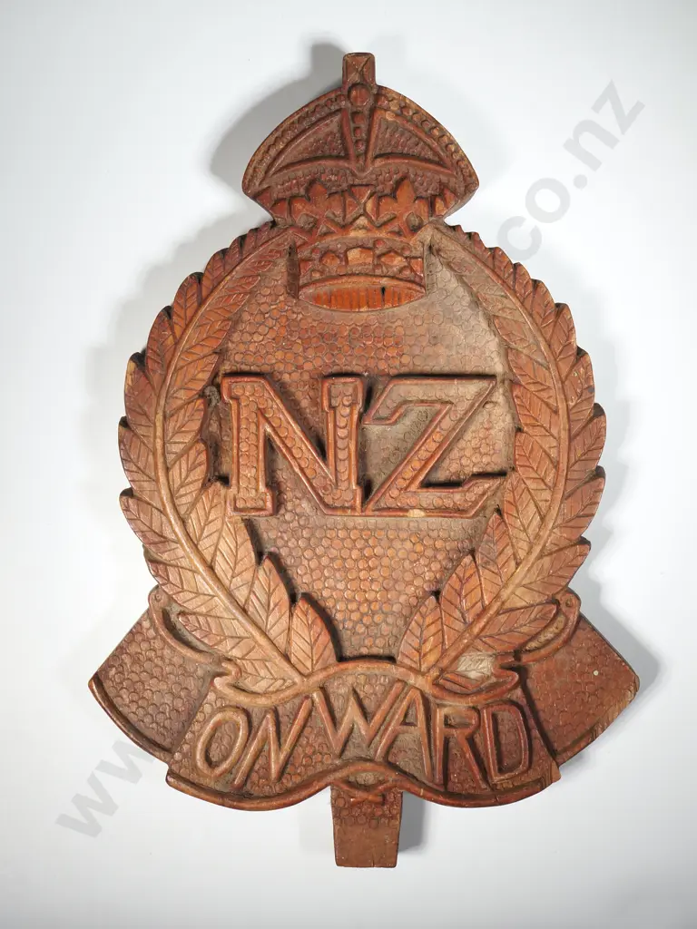 Wooden Carved NZ Onward Crest - Featherston Camp Style  Image 1++