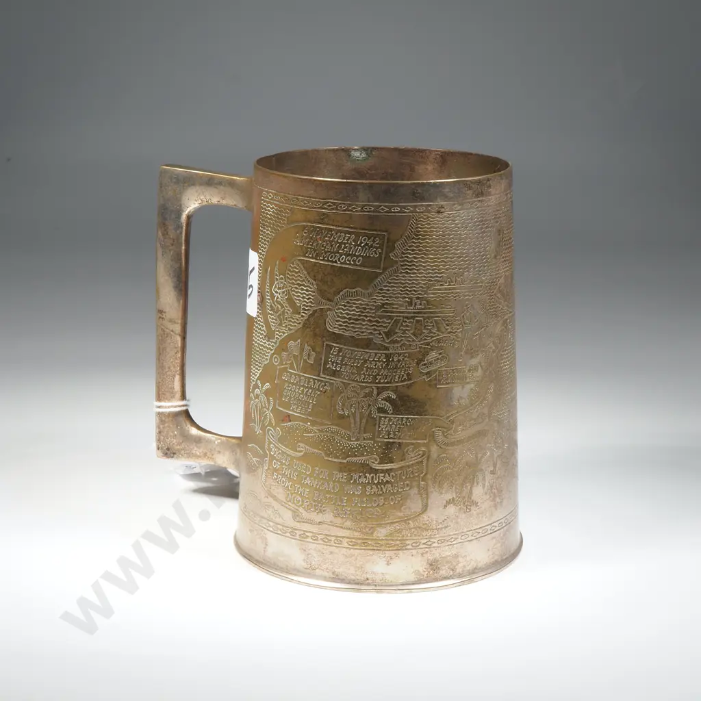 Trench Art Mug  From Old Military Shell WW11 With Campaign Details & A Small LInen Piece Of Fabric Covered w  Swastikas Image 1++