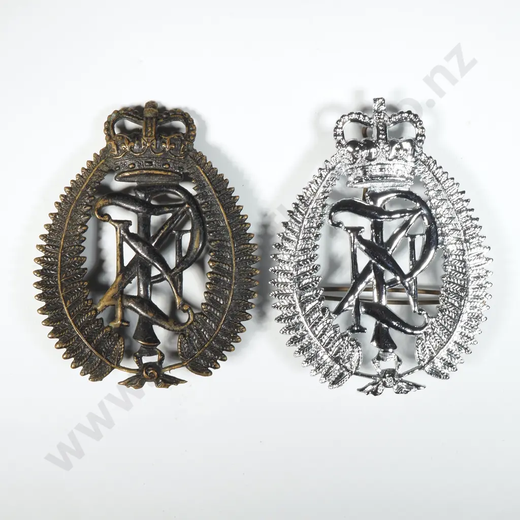 Two NZ Police Helmet Plates: Queens Crown - One Black and One Chrome. Image 1++