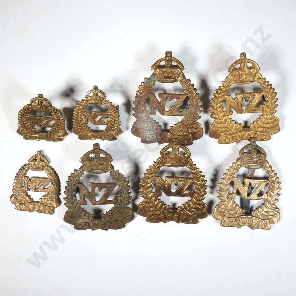 Eight NZ Onward Cap & Collar Badges. Image 1++