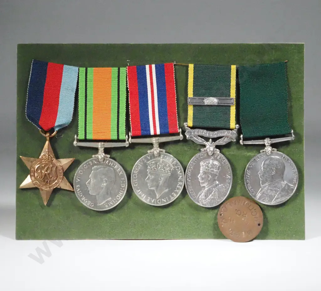 GB WWII Medal Group of Five - K.O.Scottish Borders & Dog Tag on Shaved Penny. Image 1++
