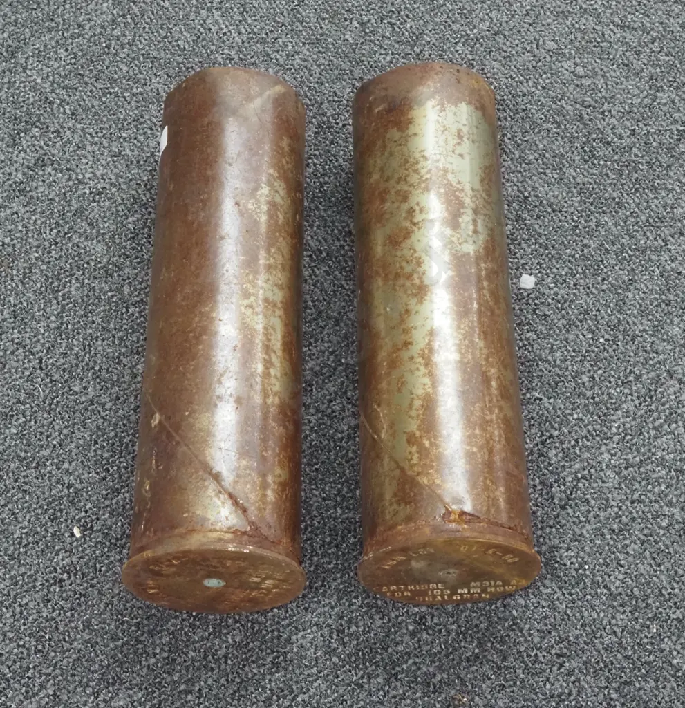 Pair of 105MM Howitzer Artillery Metal Shell Casings Specifically An M314 A3, Model   With Some Rust. Image 1++