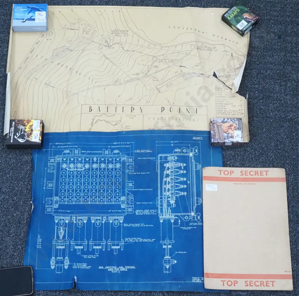 A Top Secret Blueprint,  Battery Point, Lyttleton Fortifications Map & a Top Secret Manila Folder. Image 1++