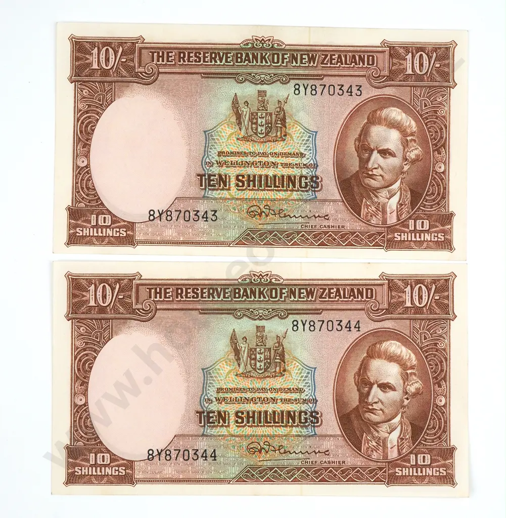 Consecutive Pair of Fleming Ten Shilling Banknotes - 8Y Prefix - AUNC  Image 1++