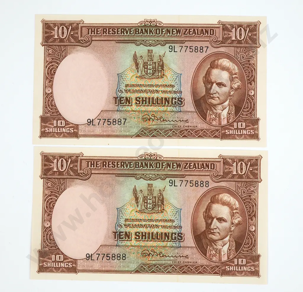 Consecutive Pair of Ten Shillings Fleming Banknotes - Last Prefix - UNC CV $500 Image 1++