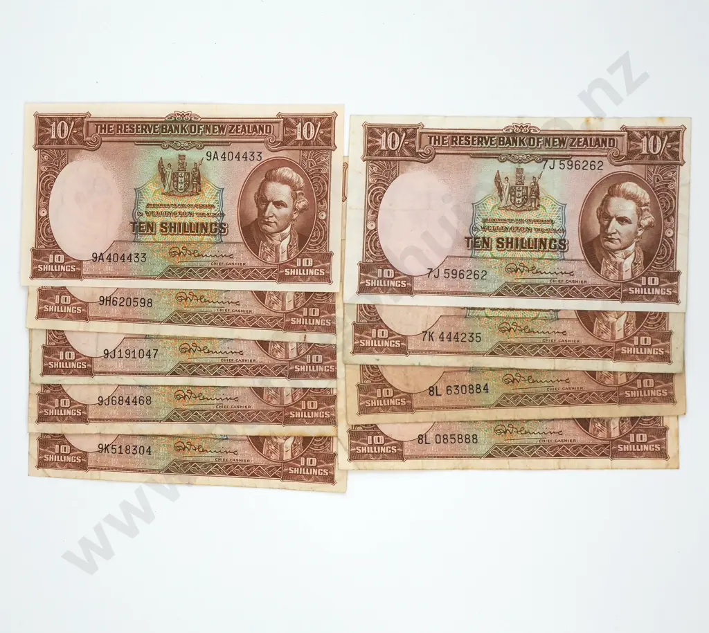 Nine Ten Shilling Fleming Banknotes - Mixed Prefixes - Very Good to Very Fine Image 1++