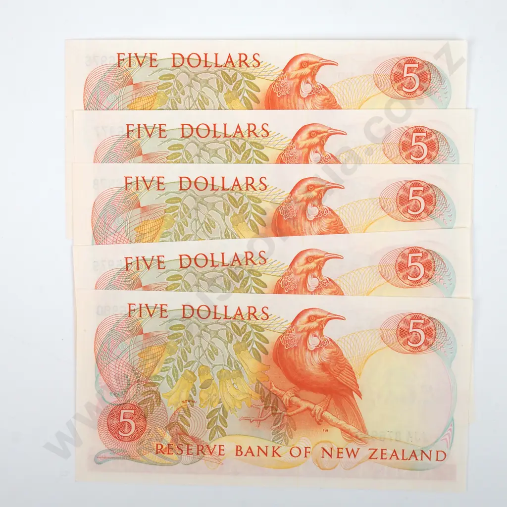Five Consecutive New Zealand Five Dollar Brash Banknotes  Image 1++