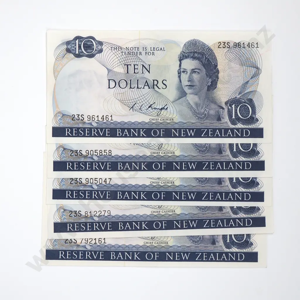 Five Ten Dollar Knight Signature Banknotes - Various Prefixes - EF Total CV $300 Image 1++
