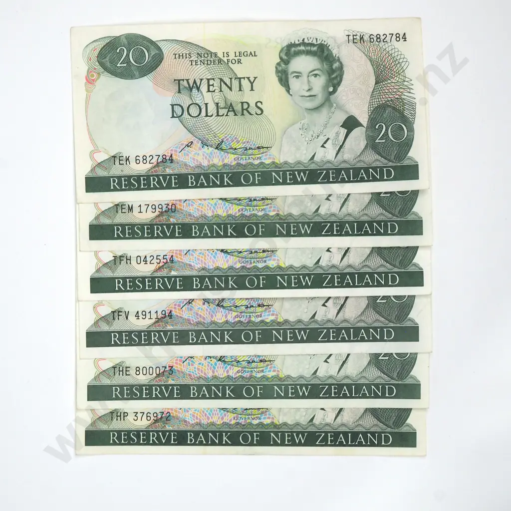 Six Twenty Dollar Russell Banknotes - Various Prefixes - VF or Better Min Total CV $300 Image 1++
