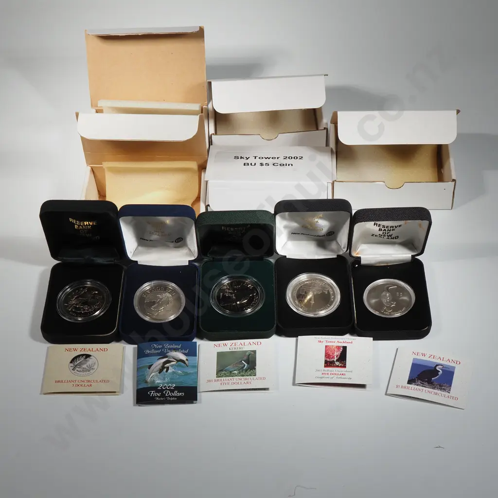 Five Cased Five Dollar New Zealand Coins Image 1++