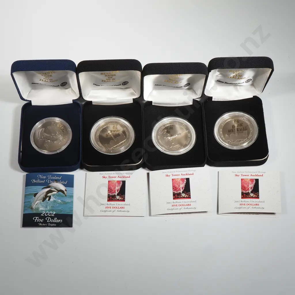 Four Cased New Zealand UNC Five Dollar Coins Image 1++