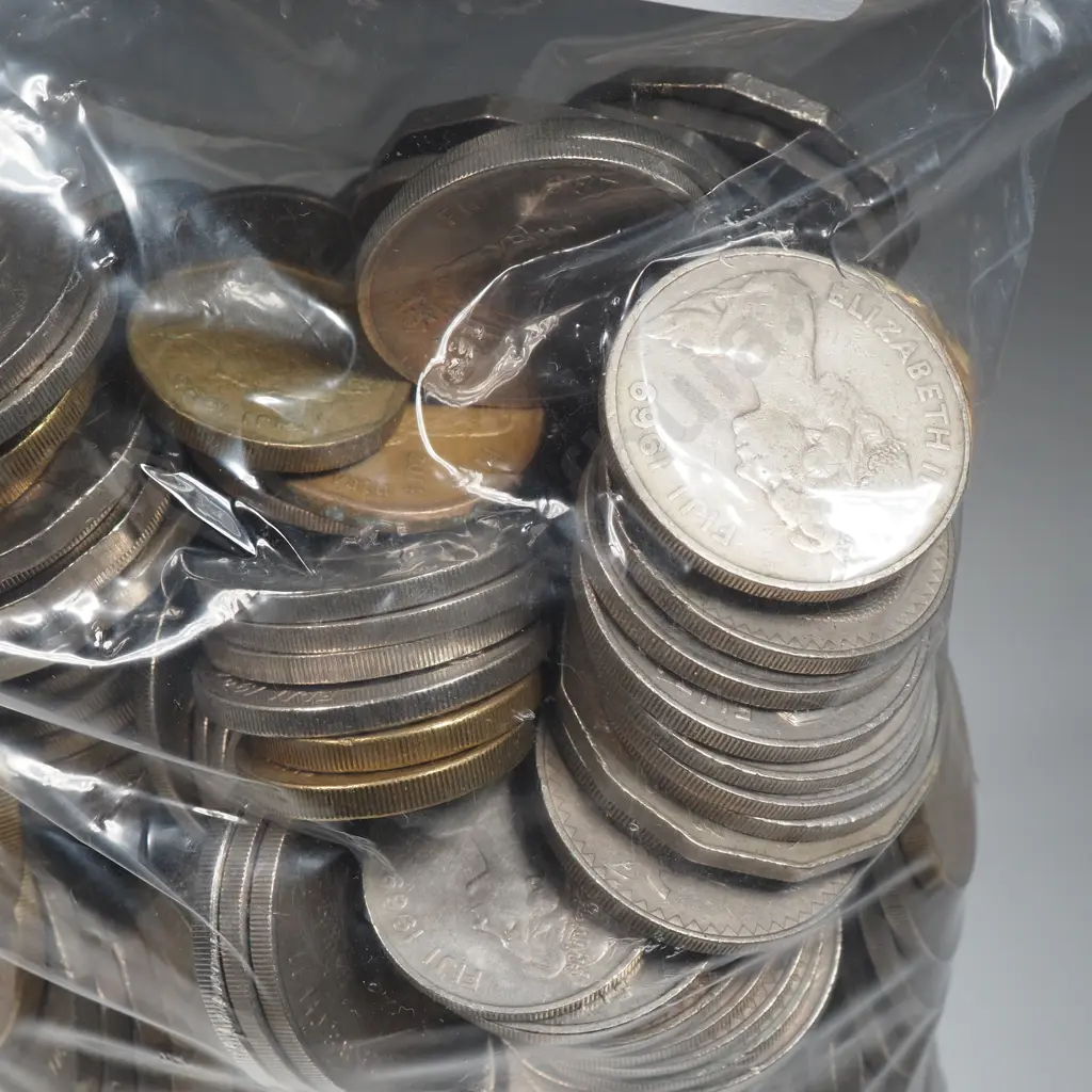 Fiji coins, $84 ( old series ) in 10, 20 and 50 cents and $1 and $2 coins - approximate exchange rate NZD $64 Image 1++