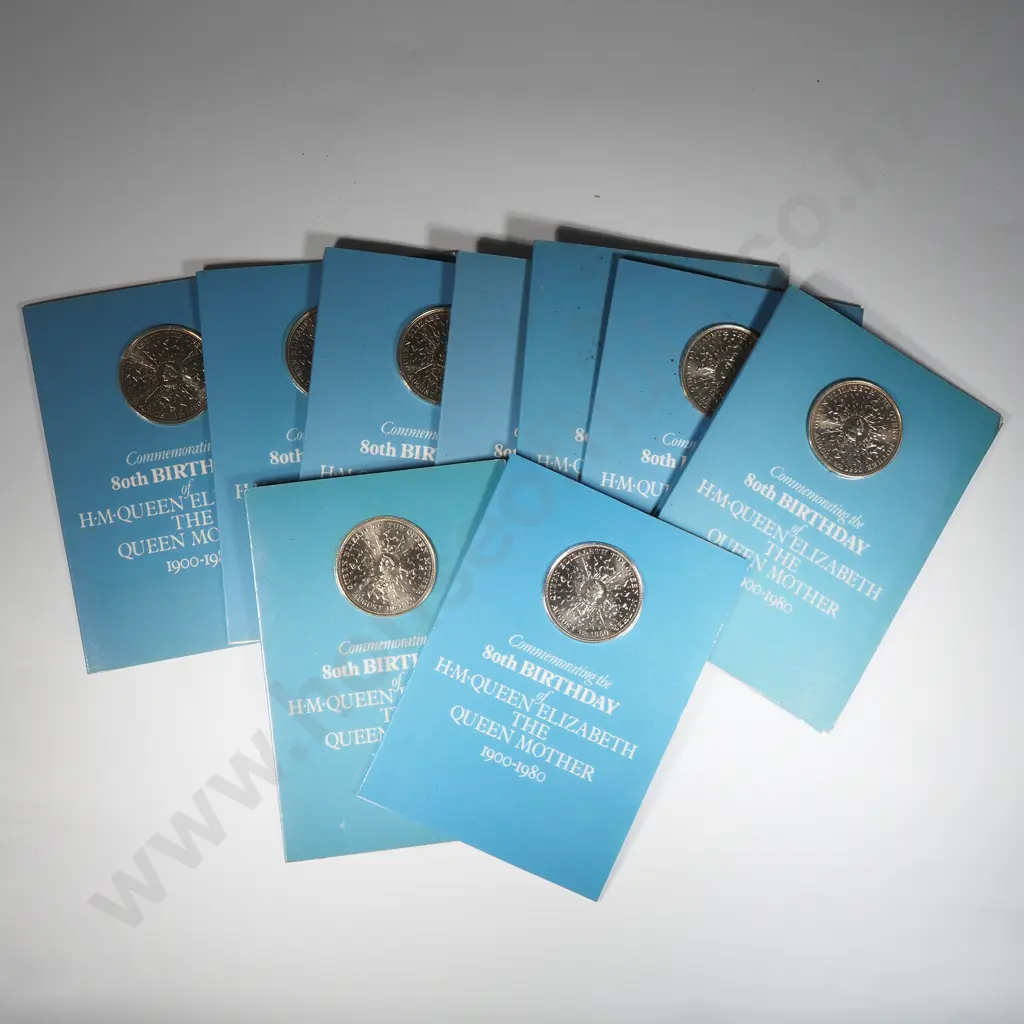 11 x UK 1980 Queen Mother 80th Birthday crown size 25 pence coins on presentation cards. Combine C.V. 33 pounds ( NZD $7 Image 1++
