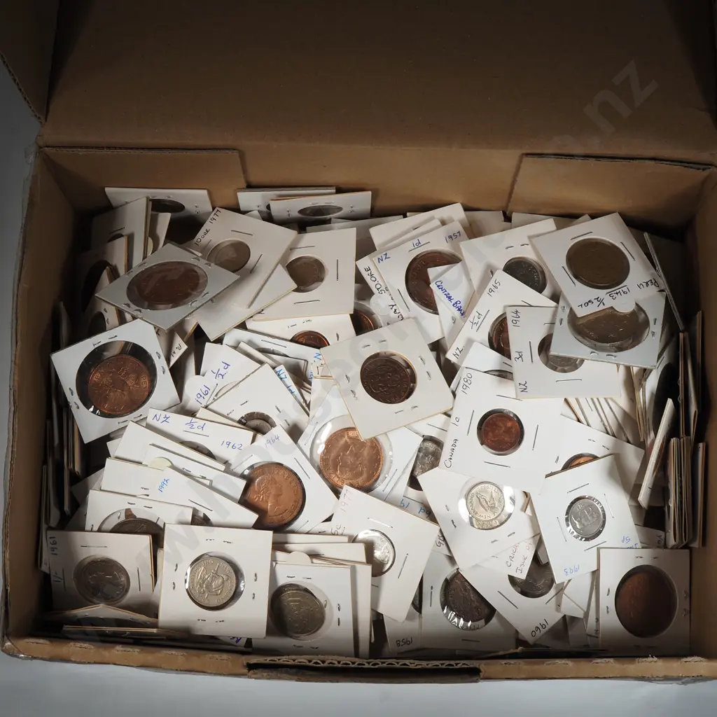 Very large collection of world & New Zealand coins in cardboard holders Image 1++