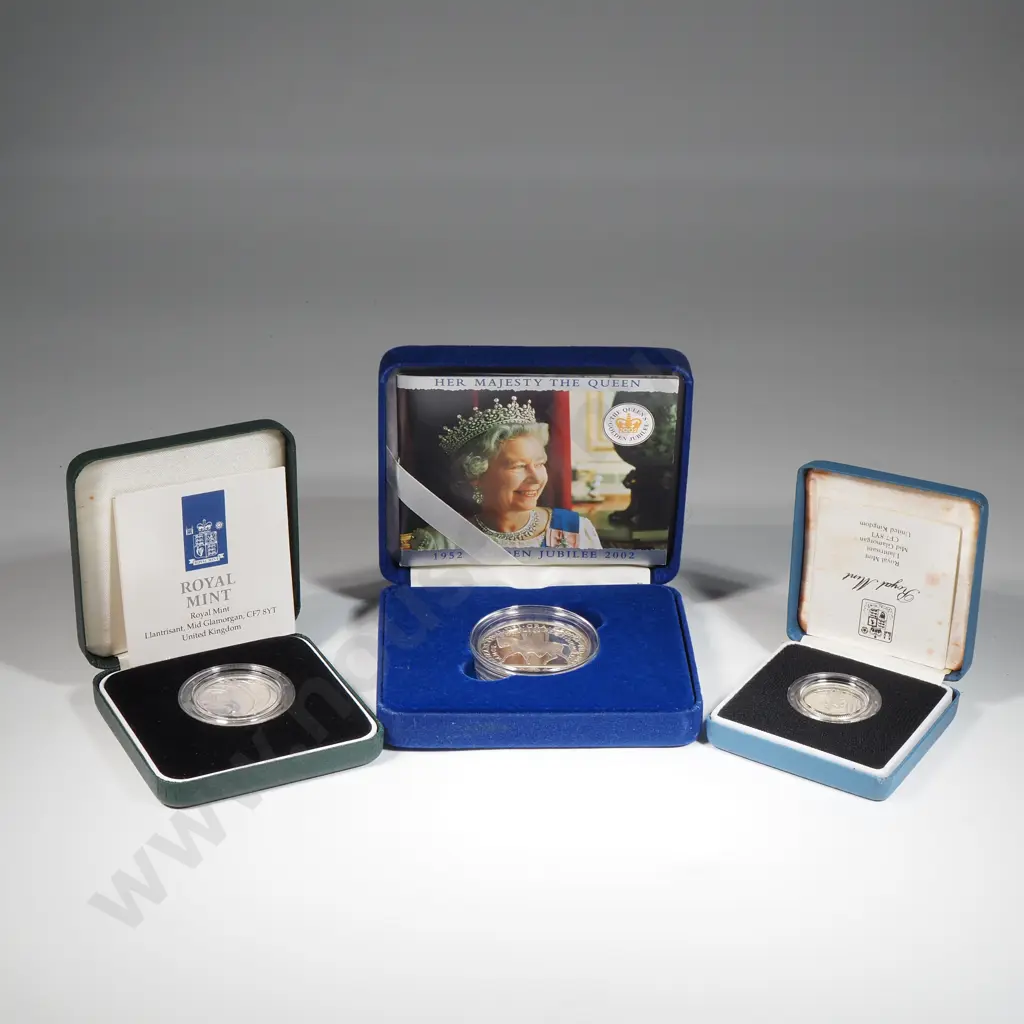 UK 1985 proof silver one pound, 1995 proof silver two pounds and 2002 proof silver five pounds, each with COA’s Image 1++