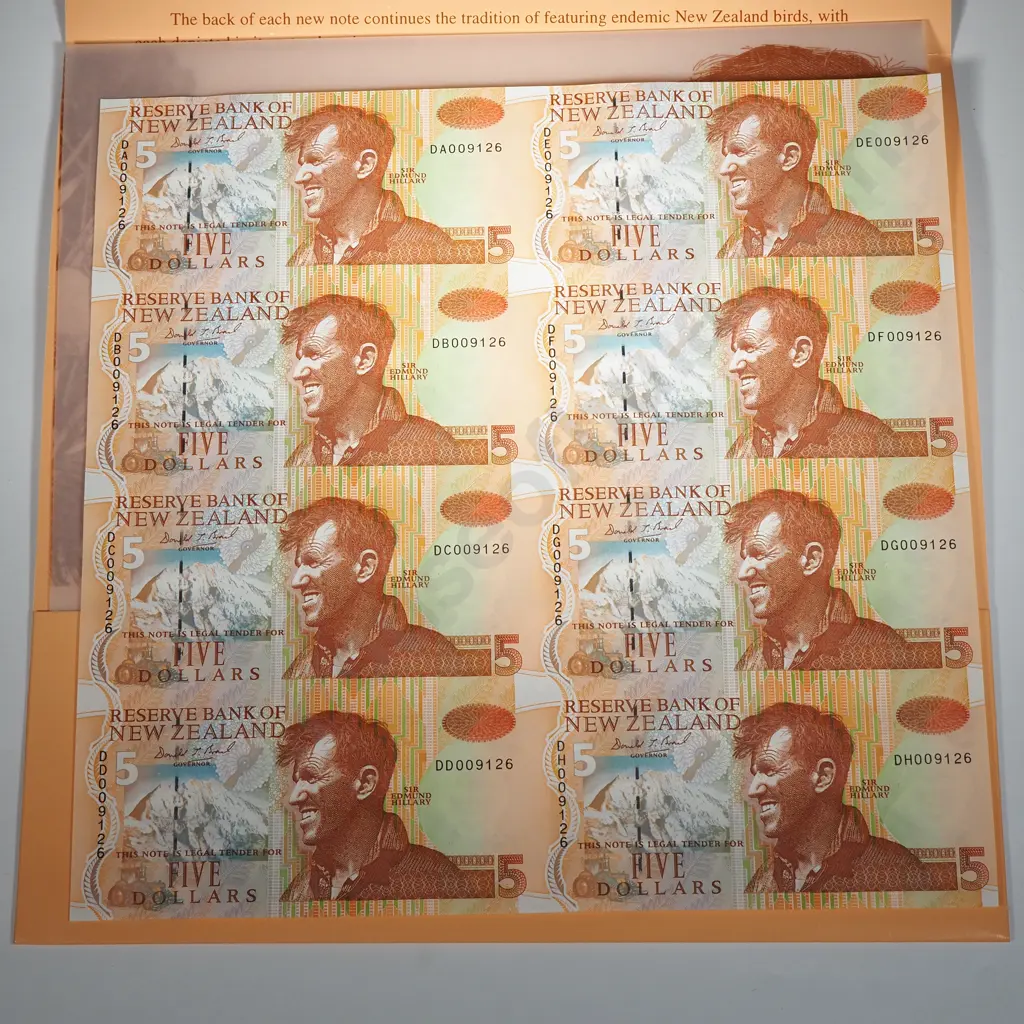 New Zealand Uncut Sheet of Eight Five Dollar Banknotes in Presentation Pack  Image 1++