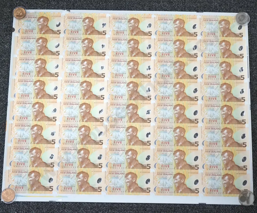 New Zealand UNCUT Sheet of 40 Five Dollar Notes  Image 1++