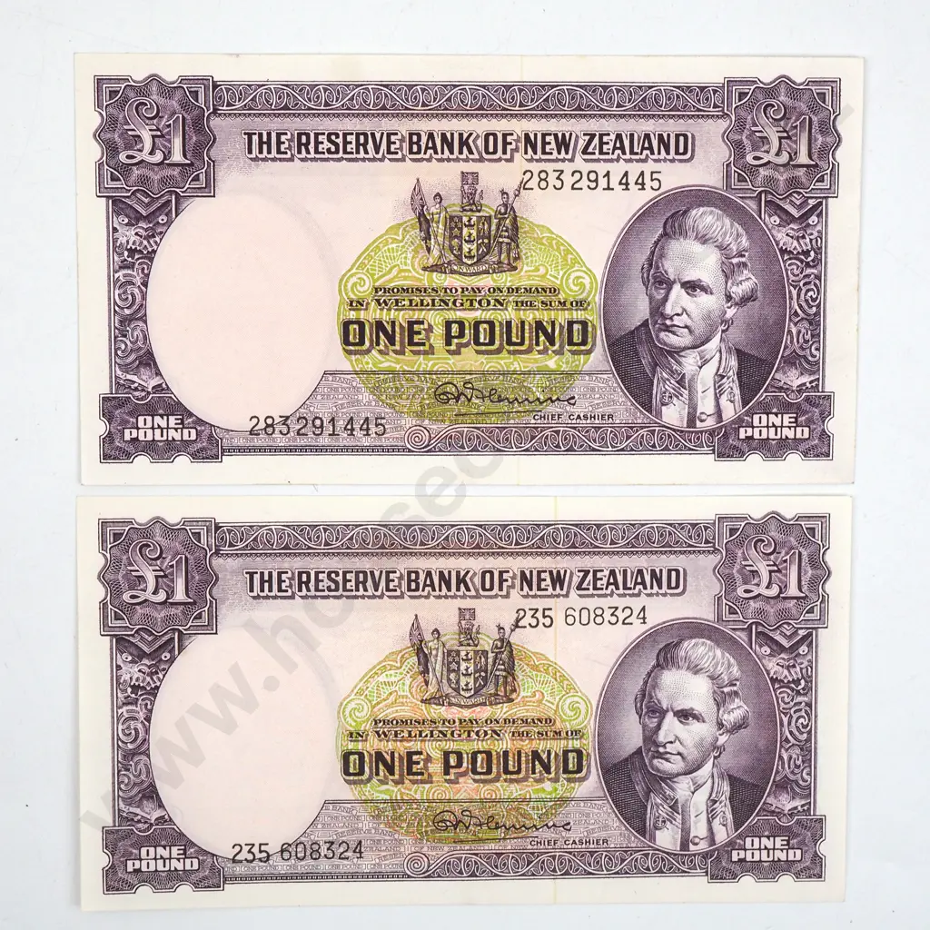 Two New Zealand One Pound Fleming Banknotes - Better Grades Image 1++