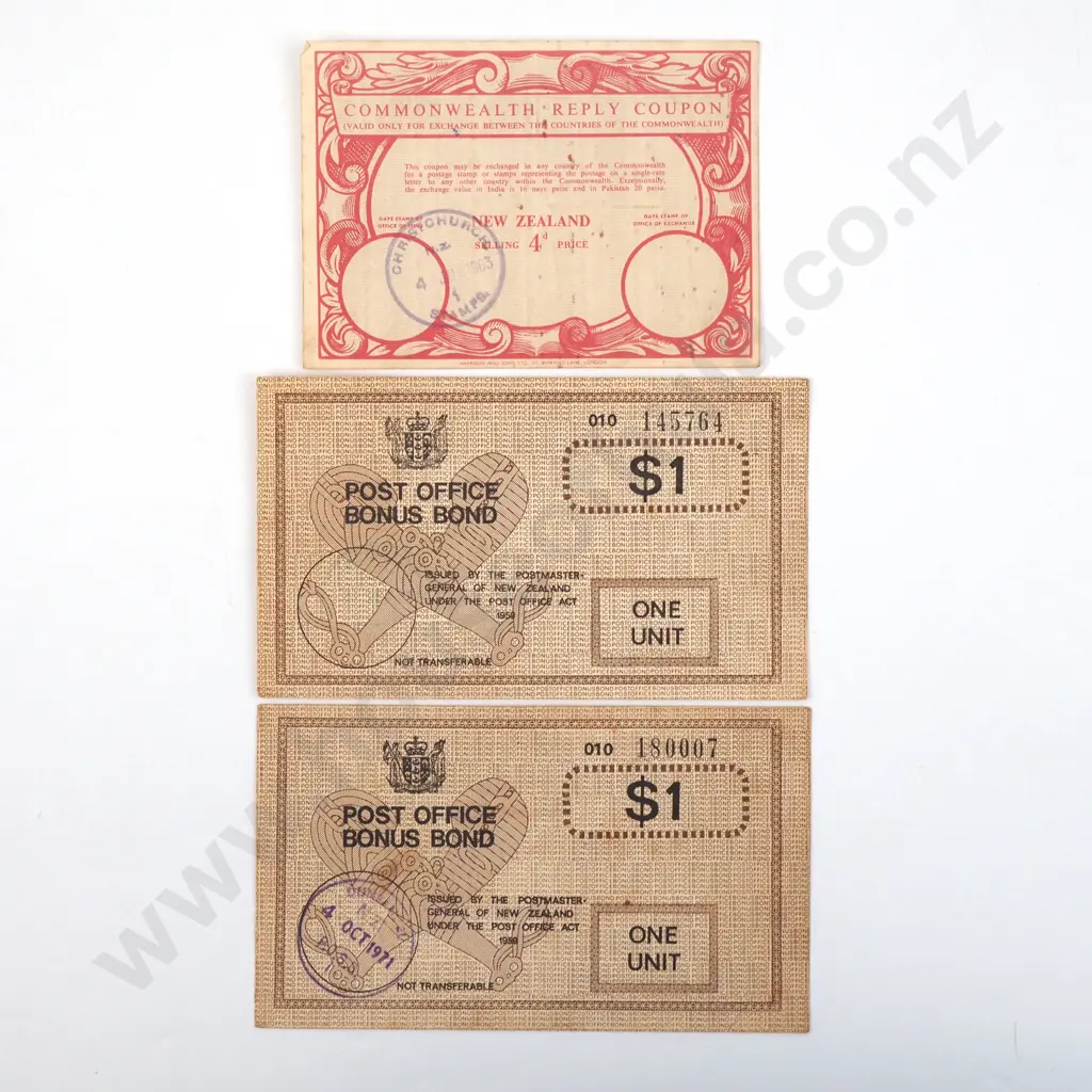 Two Post Office Bond Notes & Commonwealth Reply Coupon  Image 1++