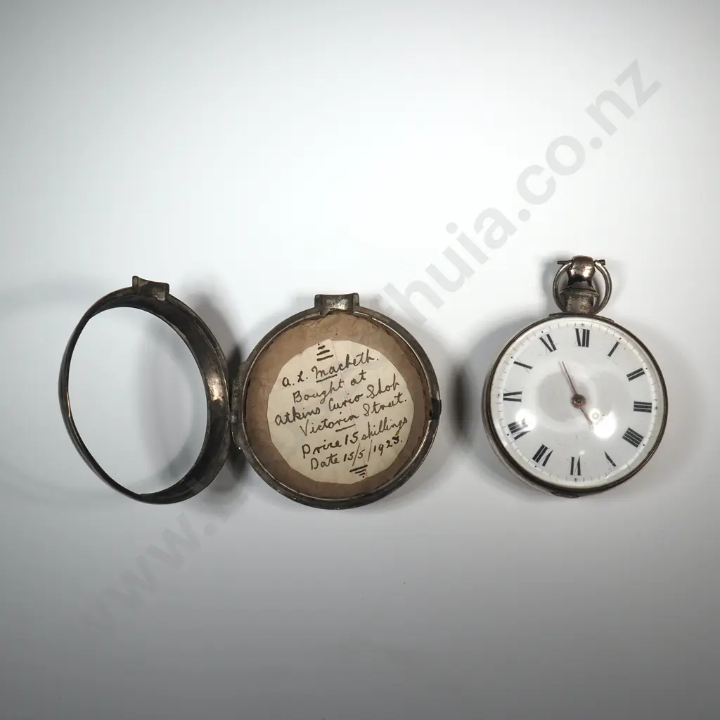 Sterling Silver Pair Case Pocket Watch - Birmingham 1787 - Working w Nice Enamel Dial - Both Hands Missing Ends Image 1++