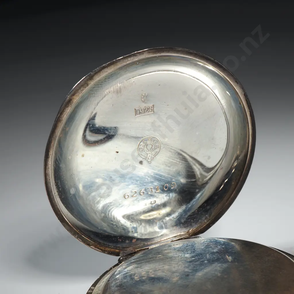 Sterling Silver Omega Chronograph w Enamel Dial & Blued Steel Hands - Stop Start & Centre Working Image 1++