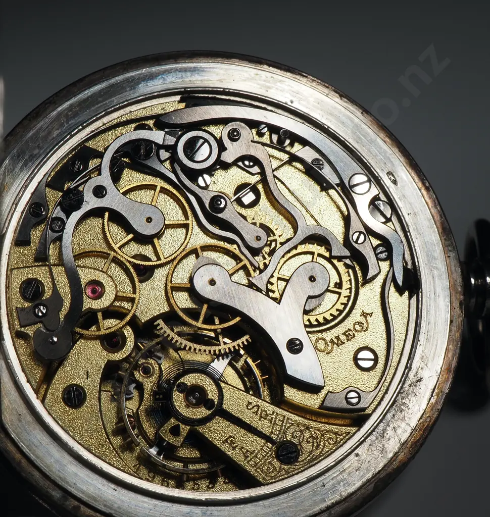 Sterling Silver Omega Chronograph w Enamel Dial & Blued Steel Hands - Stop Start & Centre Working Image 1++