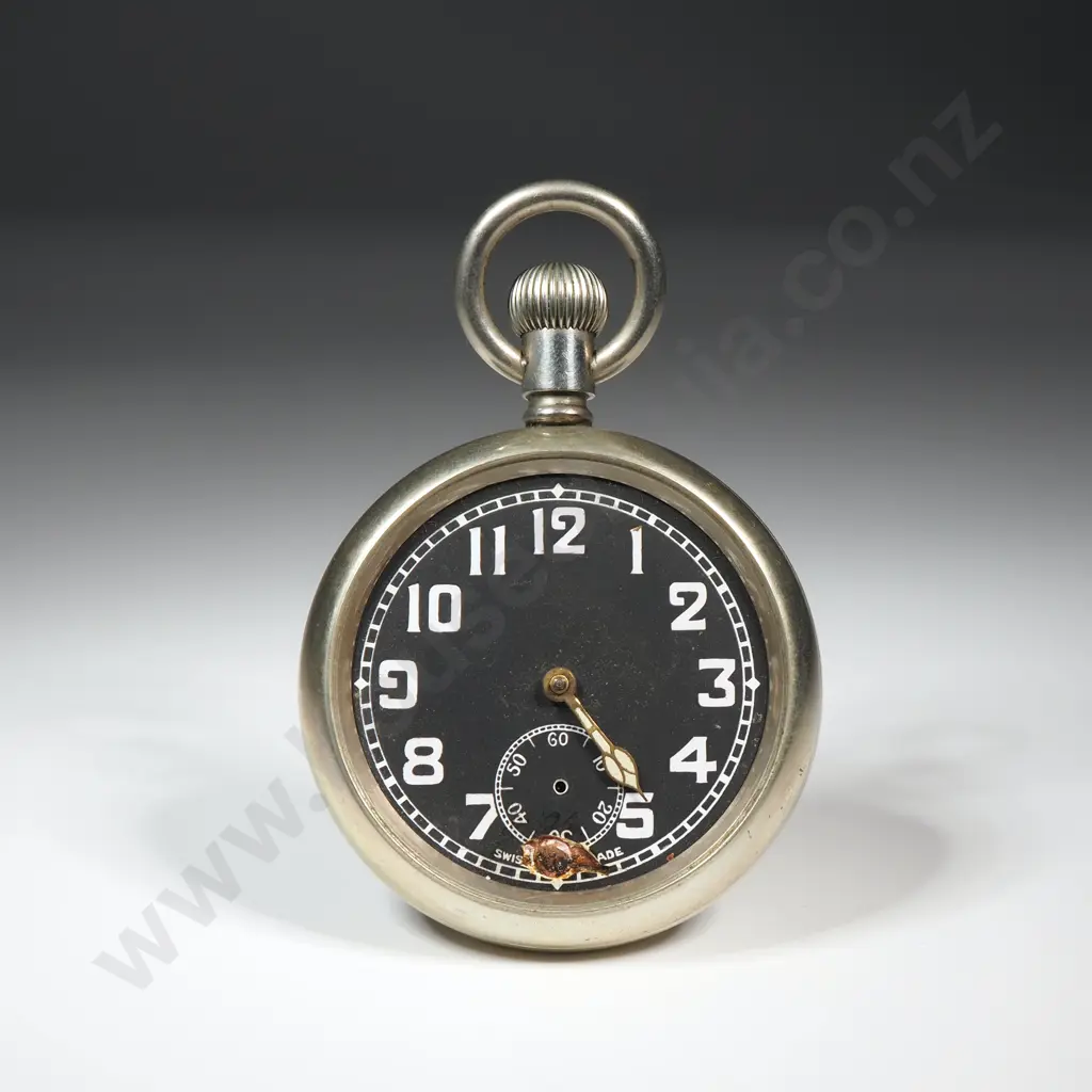 WW2 Military Black Face Pocket Watch in Nickel Case - Broad Arrow Stamped - No Glass & Missing Minute Hand Image 1++