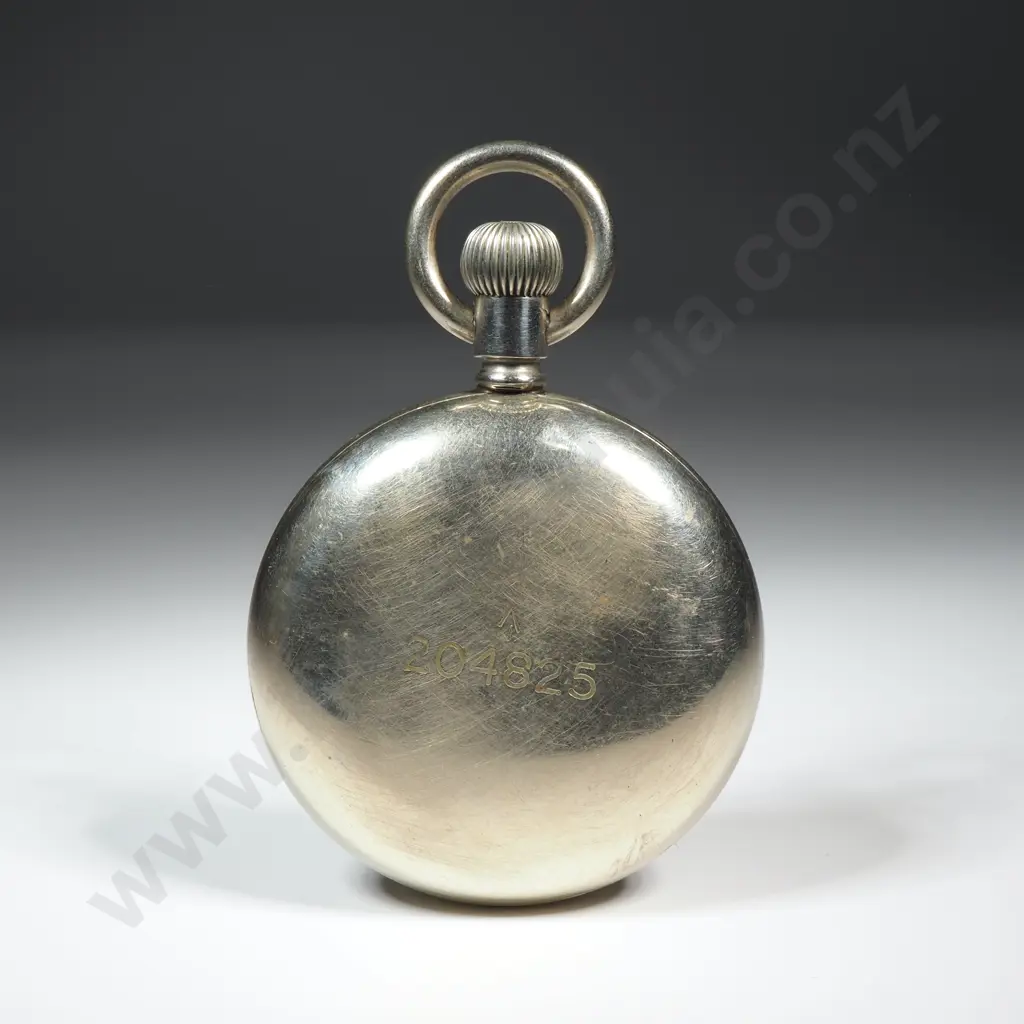 WW2 Military Black Face Pocket Watch in Nickel Case - Broad Arrow Stamped - No Glass & Missing Minute Hand Image 1++