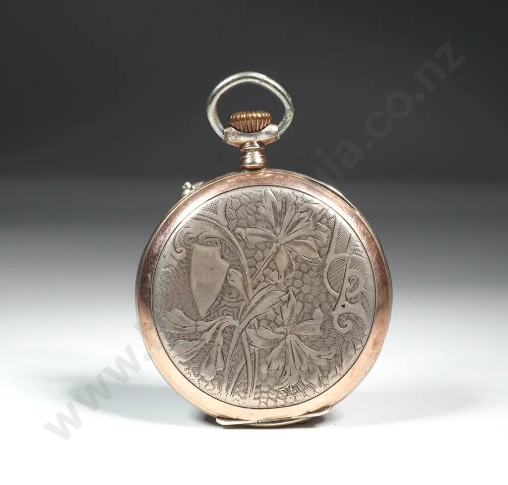 Fancy .800 Silver & Gold Pocket Watch w Flower Motif on Enamel -1902 Dated Lille Image 1++