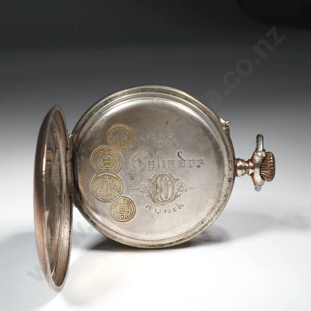 Fancy .800 Silver & Gold Pocket Watch w Flower Motif on Enamel -1902 Dated Lille Image 1++