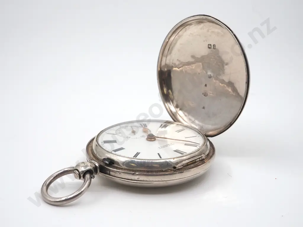 Antique Stirling Silver Hunter Pocket Watch - New Zealand Retailer Marks Image 1++