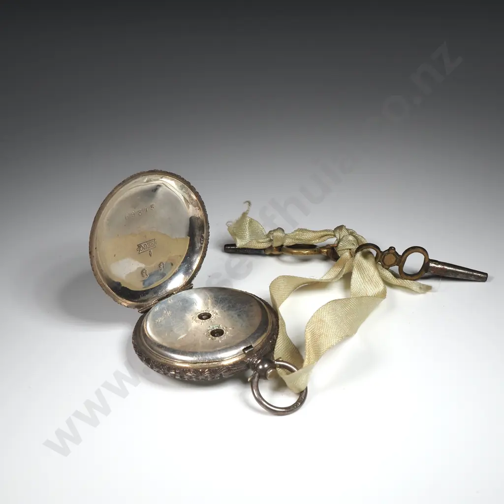 Antique Hand Engraved Sterling Silver Cased Key Wind Porcelain Dial Fob Watch - Not Running Image 1++