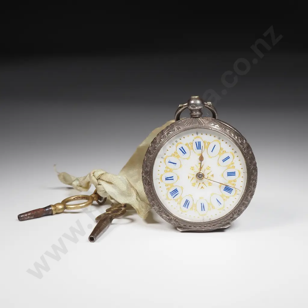 Antique Hand Engraved Sterling Silver Cased Key Wind Porcelain Dial Fob Watch - Not Running Image 1++