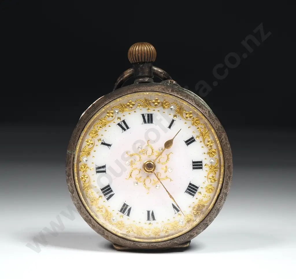 Antique Hand Engraved Sterling Silver Cased Stem Wind Porcelain Dial Fob Watch - Not Running Image 1++