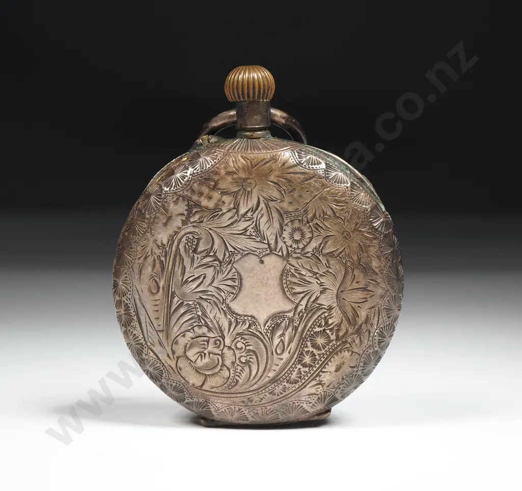 Antique Hand Engraved Sterling Silver Cased Stem Wind Porcelain Dial Fob Watch - Not Running Image 1++