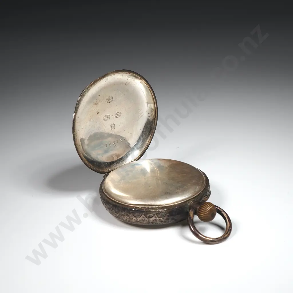 Antique Hand Engraved Sterling Silver Cased Stem Wind Porcelain Dial Fob Watch - Not Running Image 1++