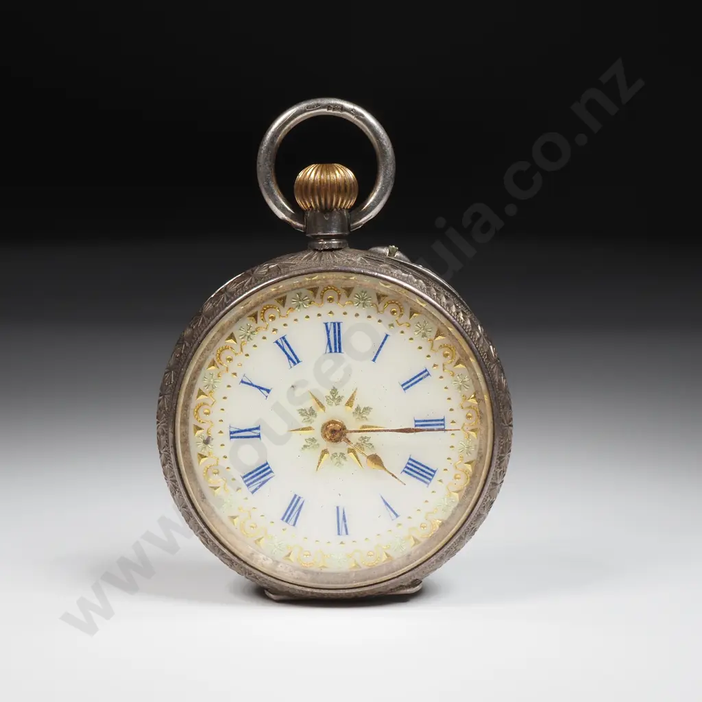 Antique Hand Engraved Sterling Silver Cased Stem Wind Porcelain Dial Fob Watch - Not Running Image 1++
