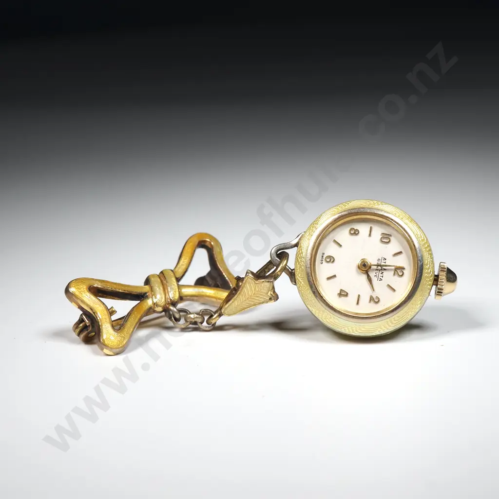 Tiny Vintage Gilt Sterling Silver & Yellow Enamel Pendant Watch w Matching Bow & Gilt Chain in Original Case  Image 1++