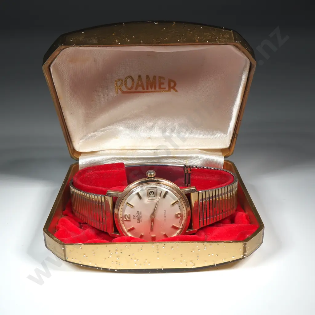 Vintage Cased Automatic Gents Gold Capped Roamer Rotodate Wrist Watch on Flex Strap Image 1++